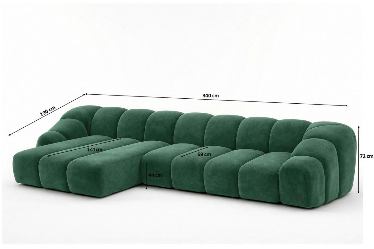 ECKSOFA Modulare L-Form, Veloursstoff Bluvel, Grün, Links, CROISSANT XL - Grün, Holz (340/190cm) - Kaiser Möbel