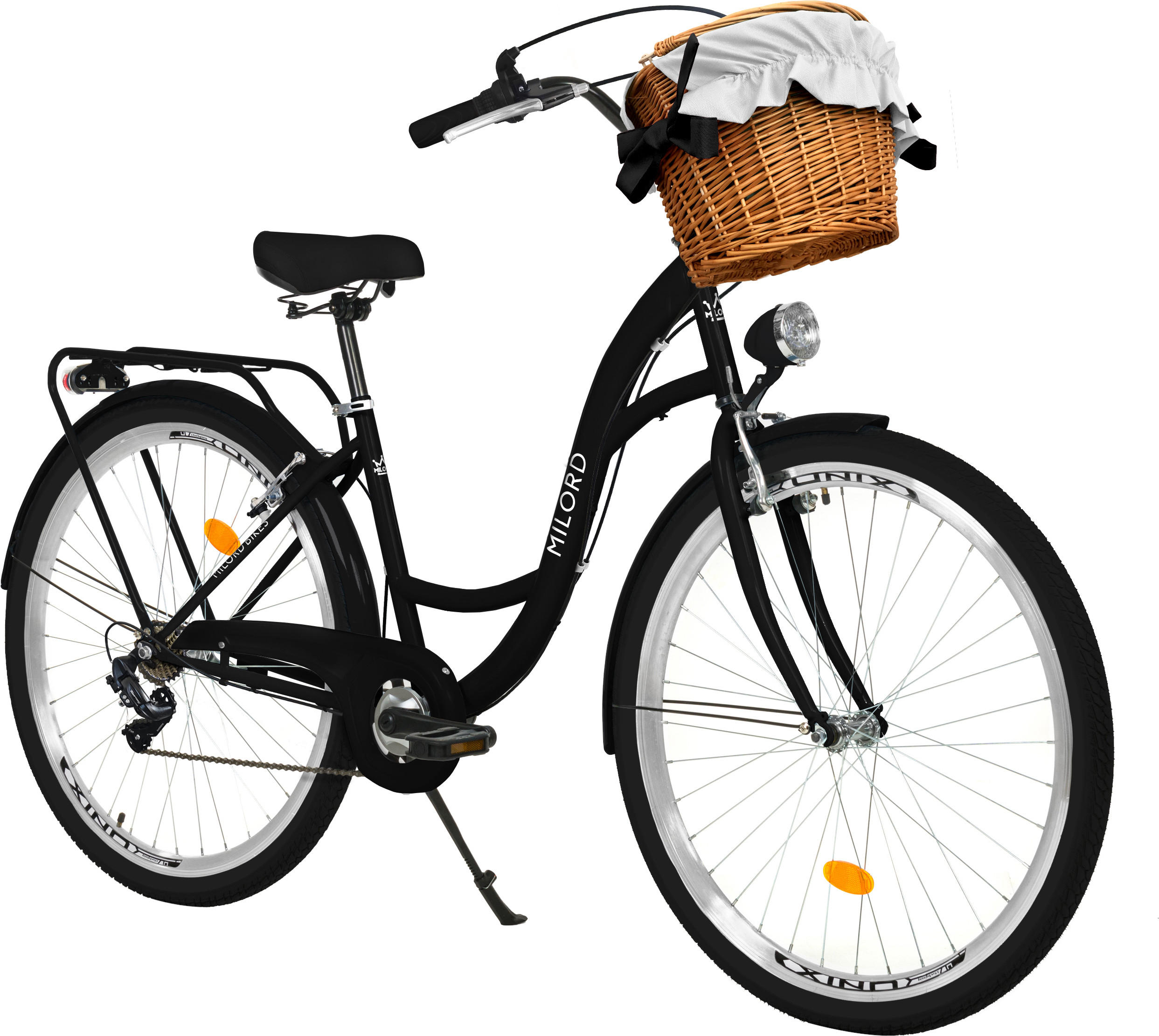 CITY-FAHRRAD Milord mit Weidenkorb, 28 Zoll, Schwarz, 7-Gang - Schwarz, Metall (46cm) - Milordbikes