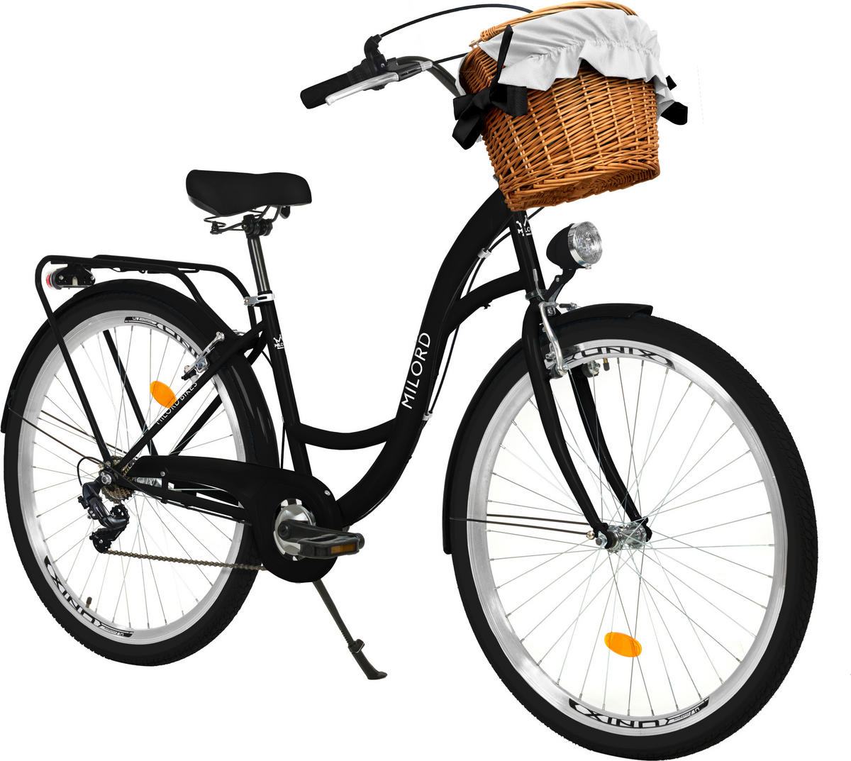 CITY-FAHRRAD Milord mit Weidenkorb, 28 Zoll, Schwarz, 7-Gang - Schwarz, Metall (46cm) - Milordbikes
