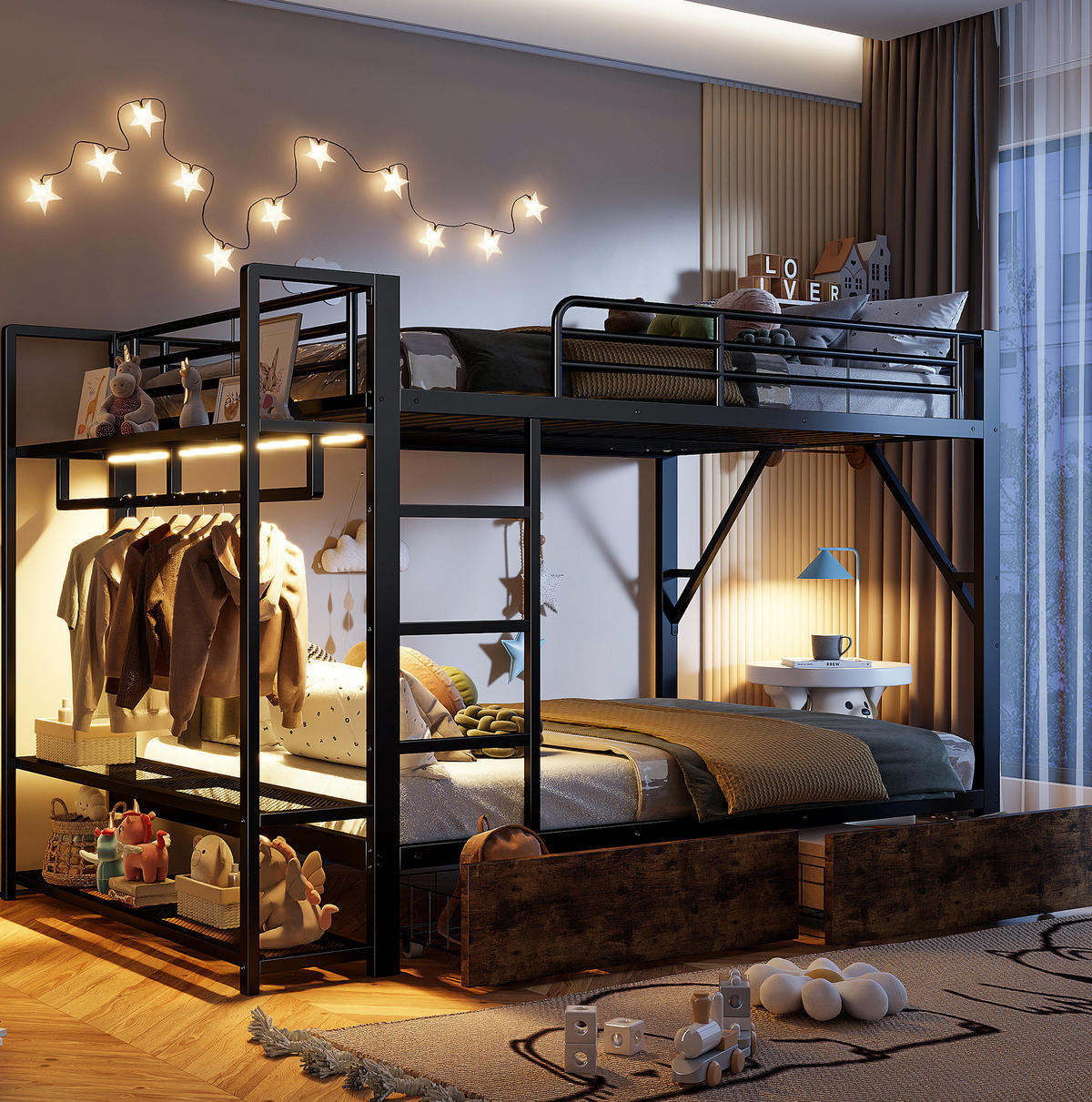 ETAGENBETT 140/200 cm aus Metall mit LED-Lichtleiste, Schubladen, Schwarz - Schwarz, Metall (140/200cm) - OKMYHOME