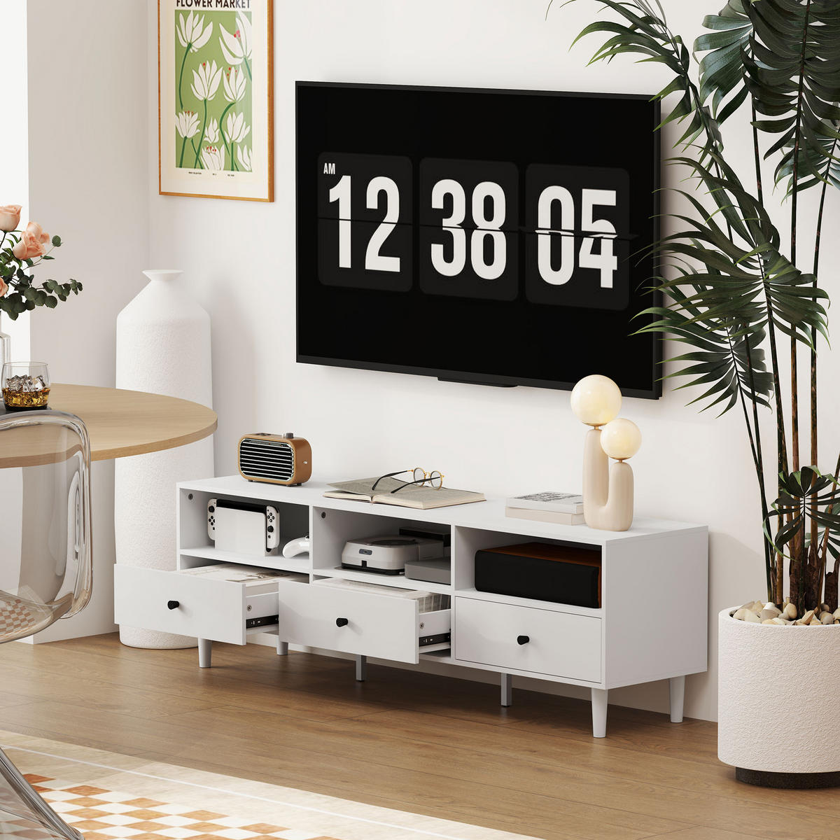 TV Schrank TV Board mit Schubladen, Weiß 140x34x45cm - Weiß, Holzwerkstoff (140/45/34cm) - HOMCOM