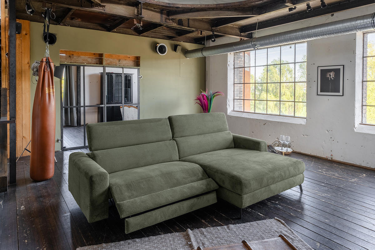 ECKSOFA LAISKA Grün Cord Relaxfunktion - Schwarz/Olivgrün, Textil/Metall (282/177cm) - KAWOLA