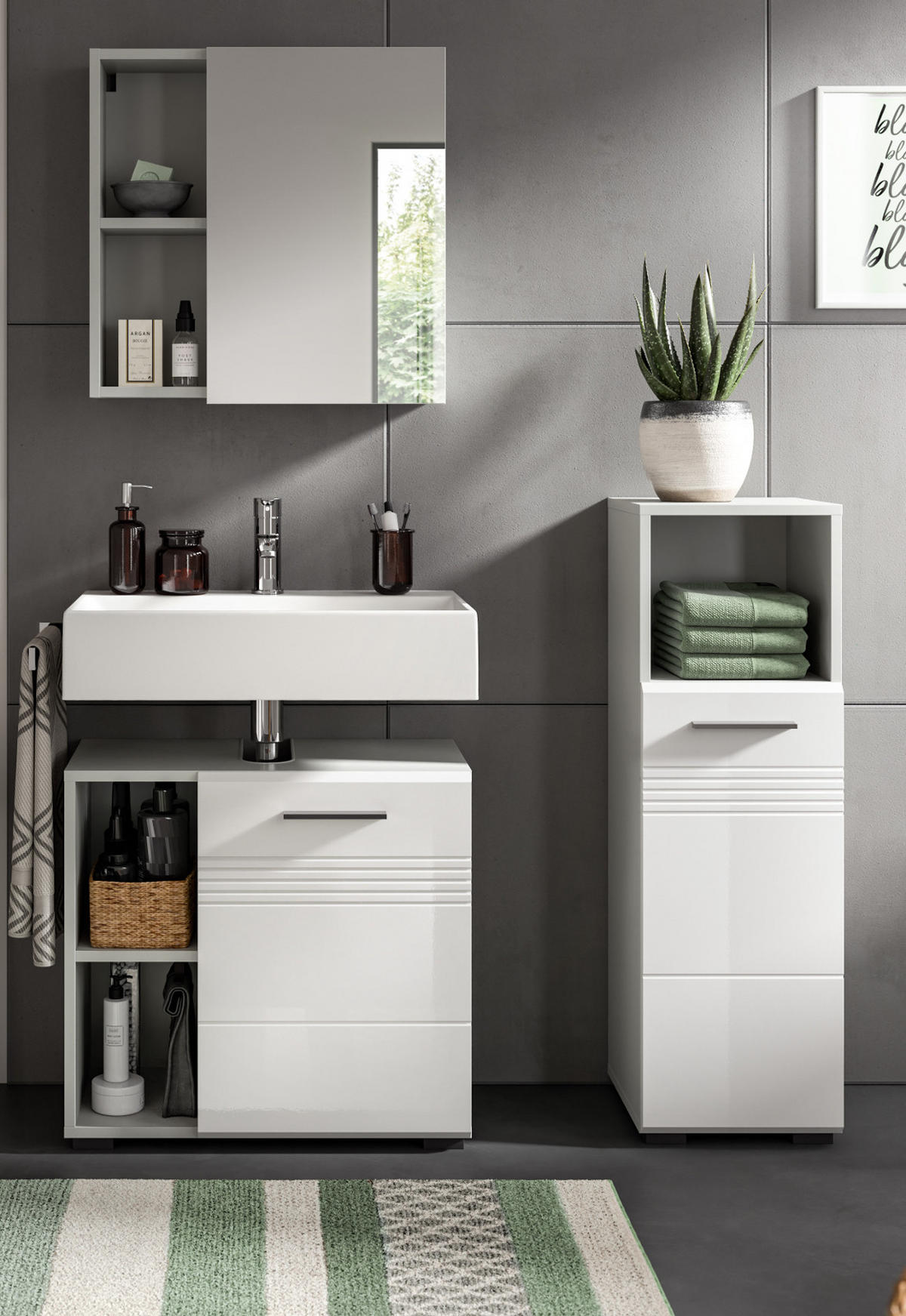 BADMÖBEL-SET 3-teilig weiß Hochglanz, grau 105 cm, Komplettset mit Soft-Close - Weiß Hochglanz/Grau, Glas/Holzwerkstoff (105/190/32cm) - Inn.Furn