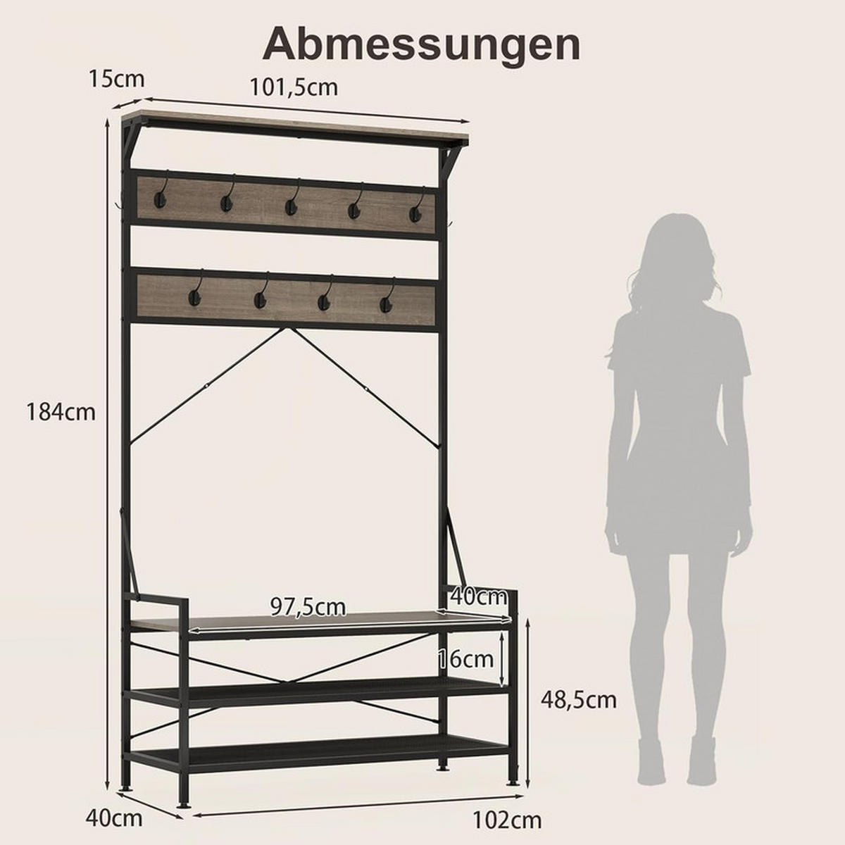 GARDEROBENSTÄNDER mit Schuhablage grau - Grau, Holzwerkstoff (102/184/40cm) - COSTWAY