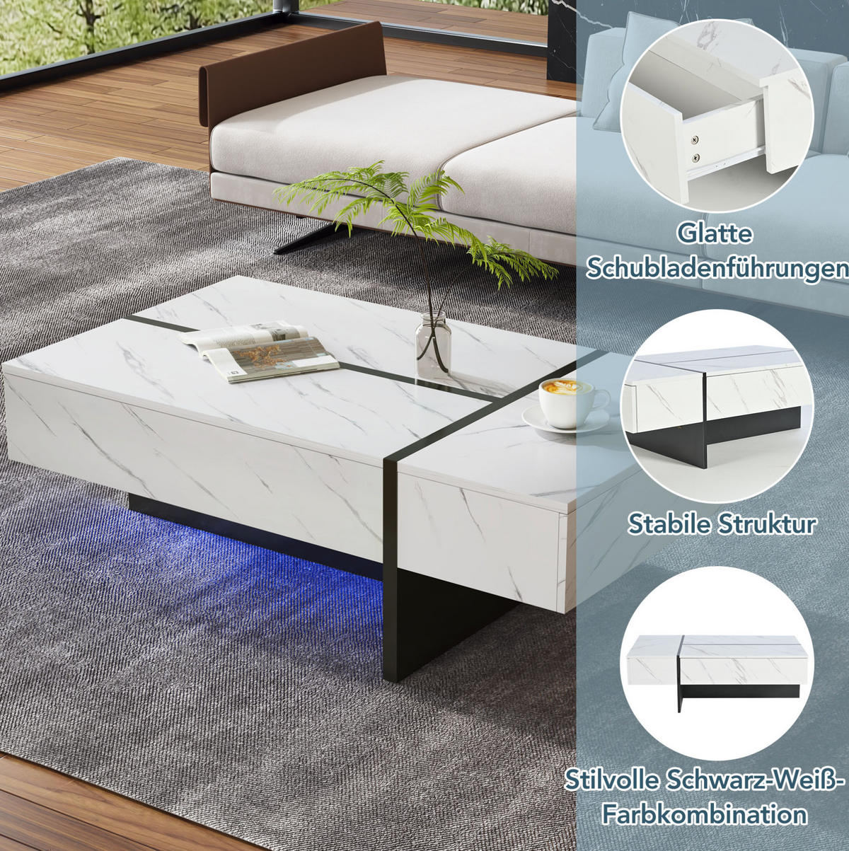 KLUBSKA miza, 105/60/35 cm, bela, visoki sijaj z LED in 3 predali - bela, leseni material (105/60/35cm) - BEAOK