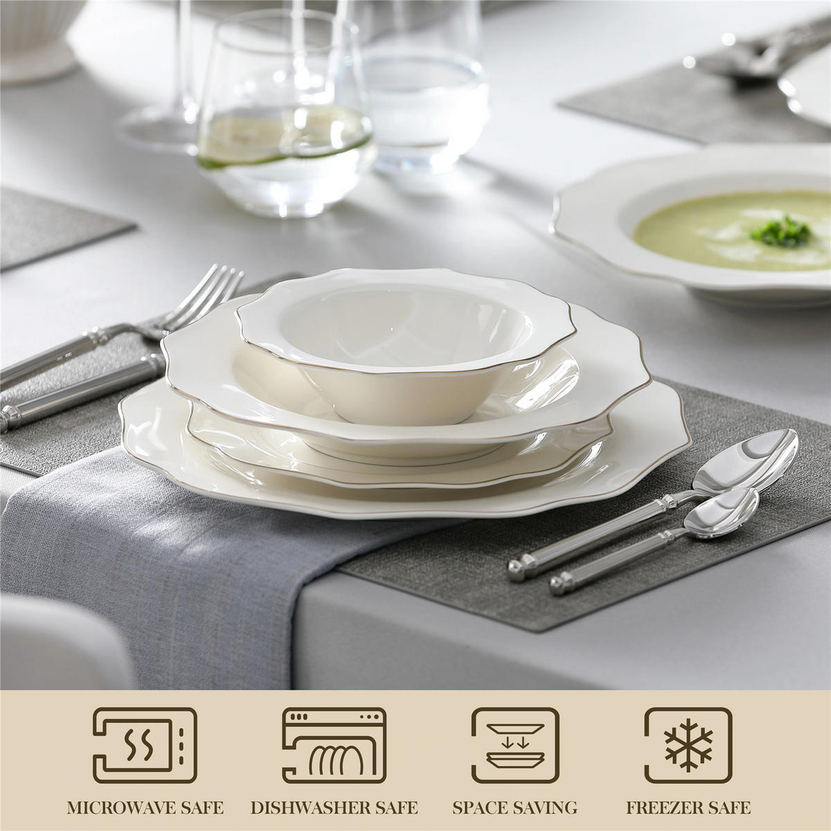 KOMBISERVICE 16-teilig aus Keramik, Cremeweiß, Geschirrset für 4 Personen - Weiß, Keramik (27/1.8/27cm) - Kaket