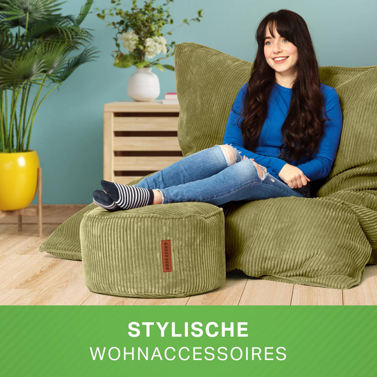 SITZSACK XXL "Square" + Pouf aus Cord - Grün, Textil (140/25/180cm) - Green Bean