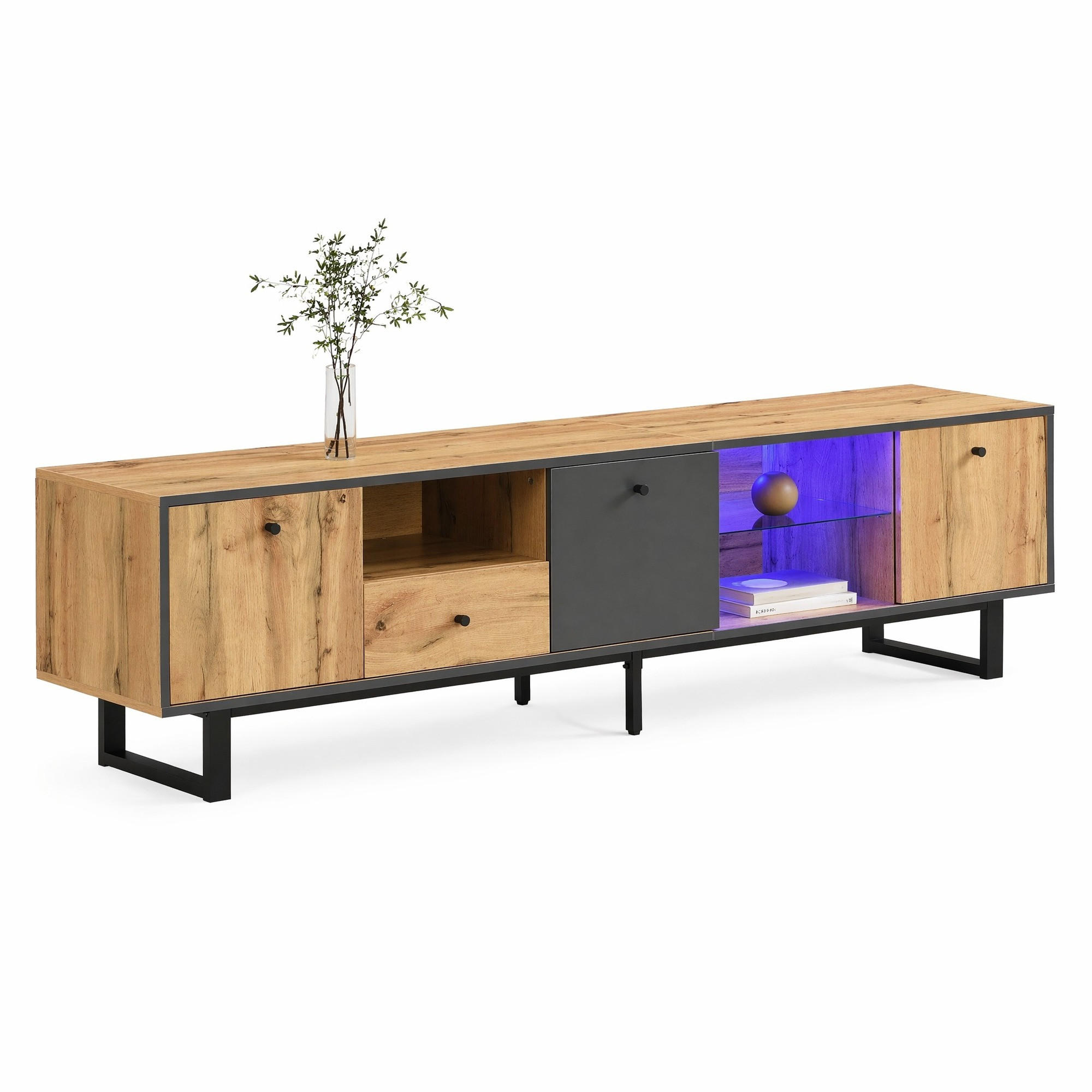 LOWBOARD in Naturfarben TV-Schrank mit LED-Lichteffekt für Wohnzimmer, B190/T40/H50 cm - Schwarz/Naturfarben, Glas/Holzwerkstoff (190/50/40cm) - STILVORA