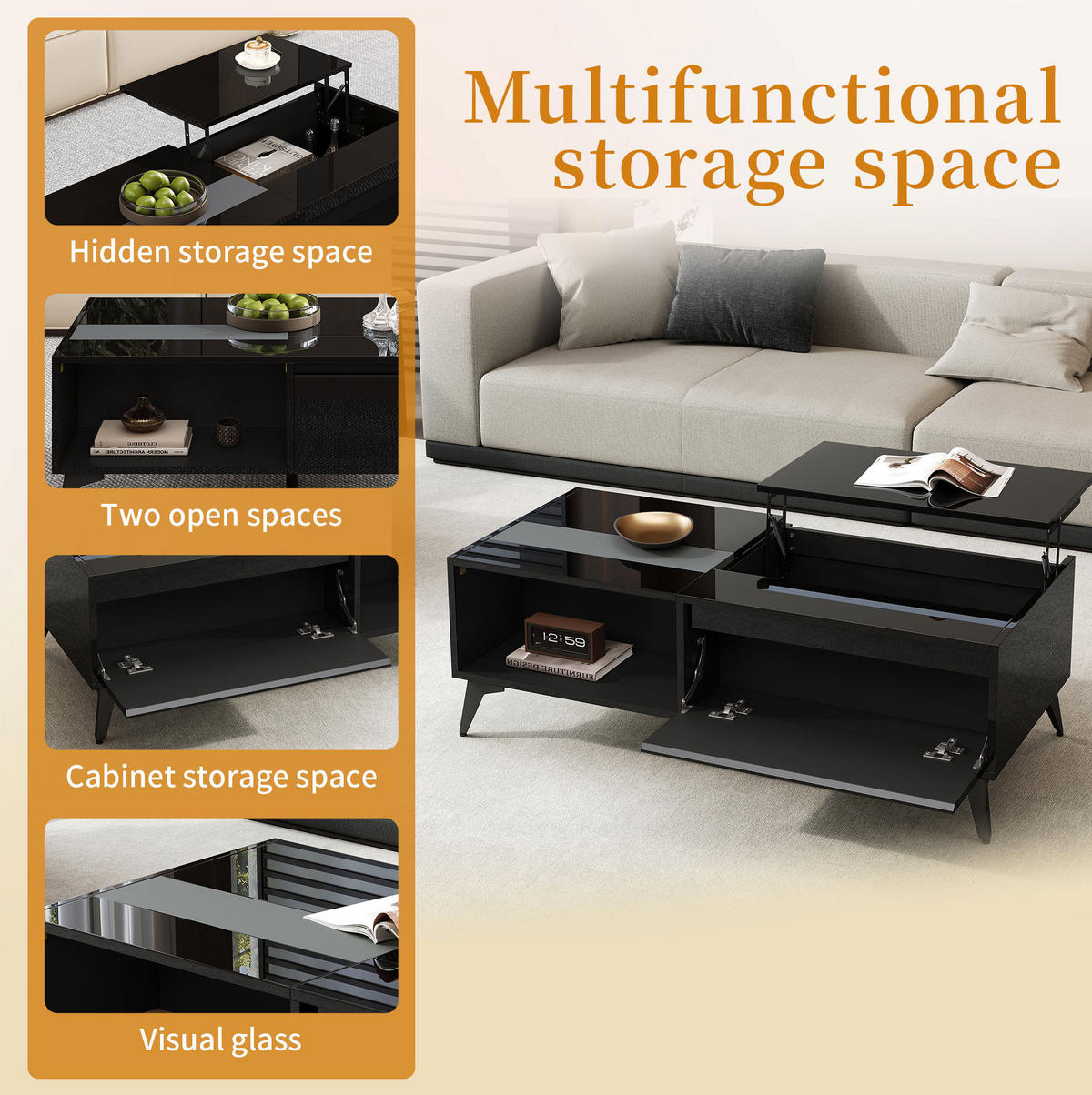 COUCHTISCH 110/50/48 cm schwarz aus Spanplatte mit Hebemechanismus und Stauraum - Schwarz, Holzwerkstoff (110/50/48cm) - OKMYHOME