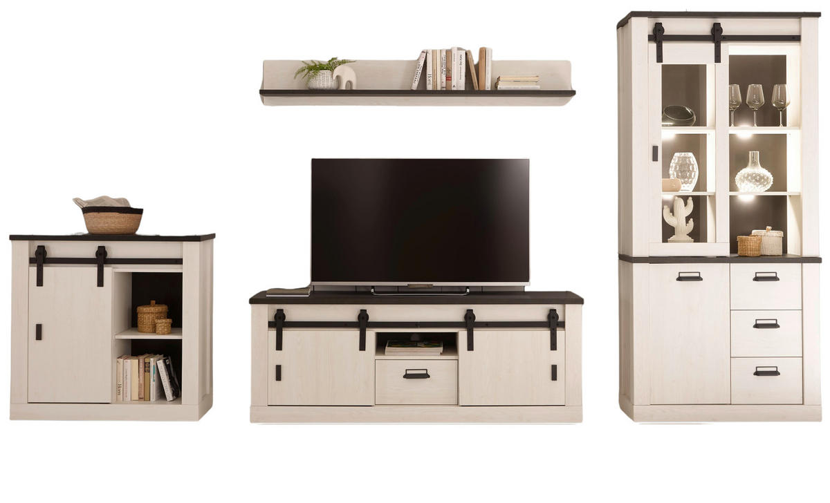 WOHNWAND weiß Pinie, anthrazit Landhaus, Wohnkombination 4-teilig 388 cm - Anthrazit/Weiß, Holzwerkstoff/Metall (388/201/43cm) - Furn.Design