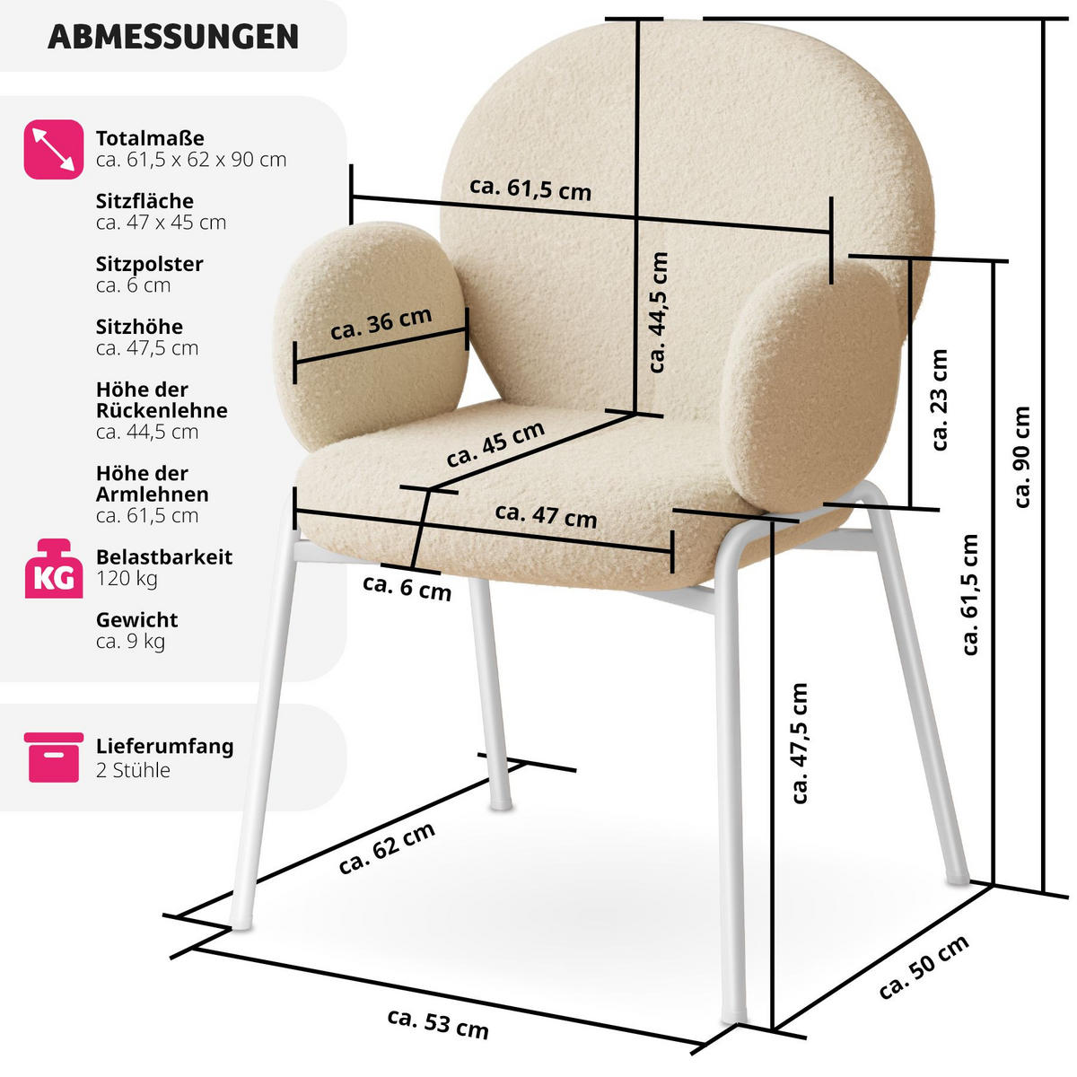 STUHL 2er Set Scandi Belastbarkeit 120 kg 61 5 x 62 x 90 - Creme, Kunststoff (62/90/61.5cm) - tectake