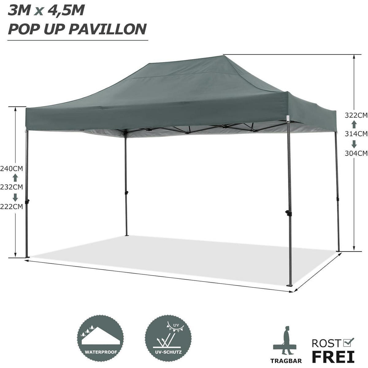 FALTPAVILLON 300 x 450 cm Grau Wasserdicht mit 4 Seitenwänden - Olivgrün, Textil (300/240/450cm)