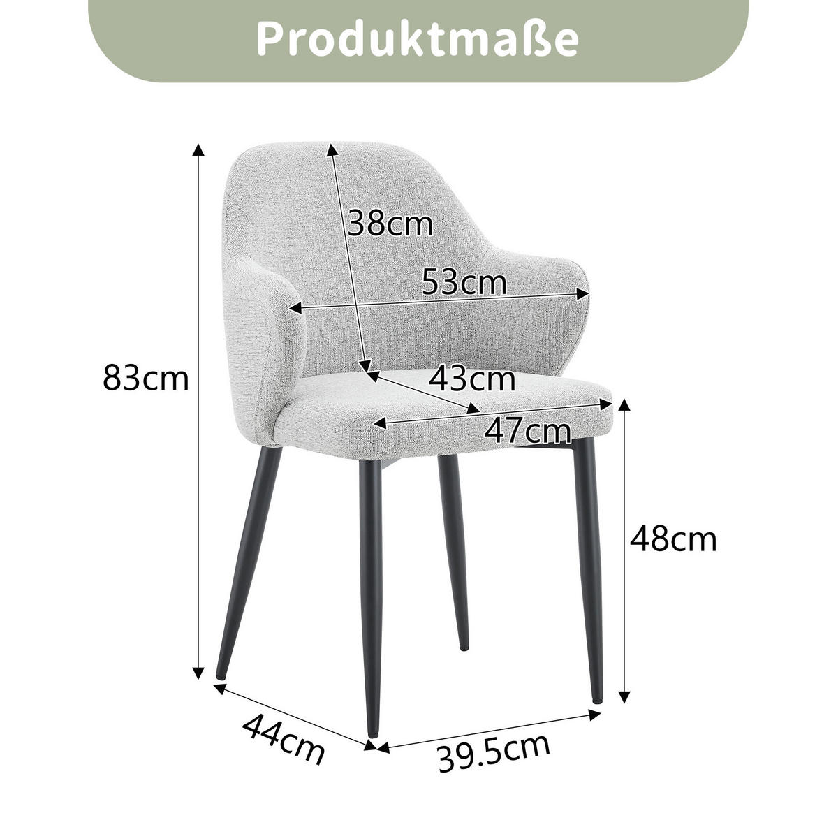 ESSZIMMERSTUHL 2er-Set ca. 83 cm Stoff Hellgrau/Schwarz - Schwarz, Metall (56.5/83/53cm) - Meubliv