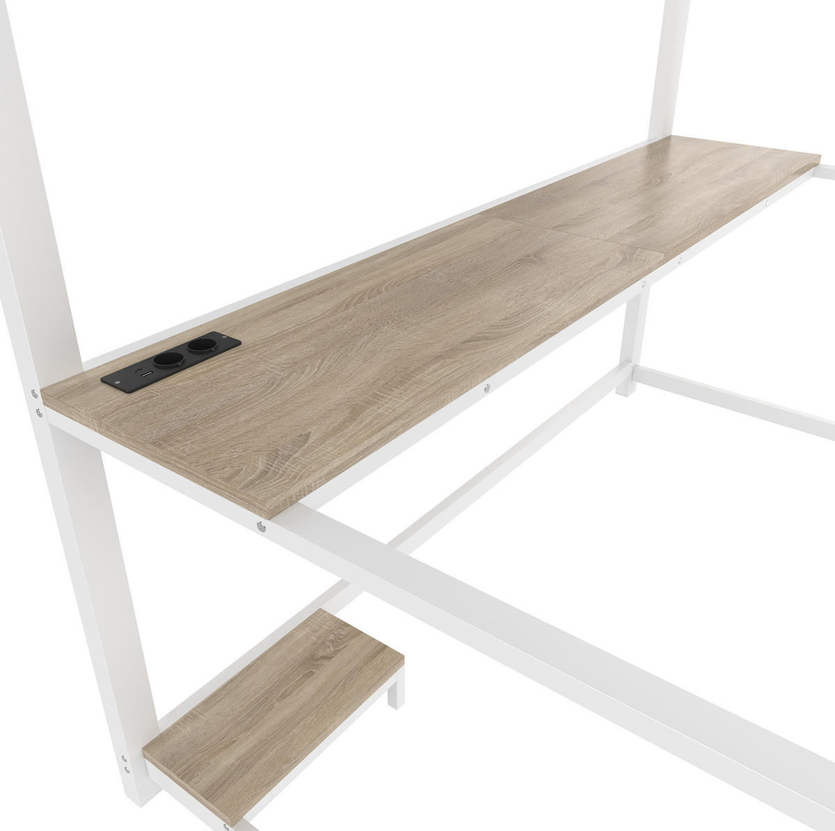 HOCHBETT aus Metall und MDF 140x200 cm Weiß mit LED-Beleuchtung, Schreibtisch, USB-Anschluss, Steckdose und Treppe - Weiß, Metall (140/200cm) - Modfu