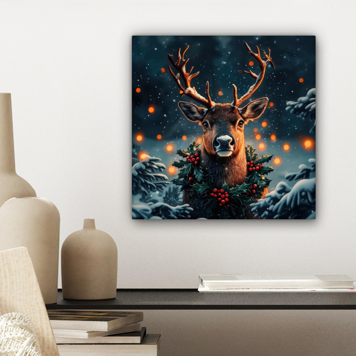 LEINWANDBILD Hirsch - Weihnachten - Winter - Schnee - Weihnachtskranz 20x20 cm - Dunkelbraun, Textil (20/20cm) - MuchoWow