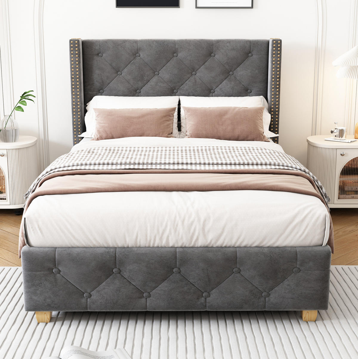 POLSTERBETT 90/200 cm mit Lattenrost, Samtbezug, Knopfheftung und Nietenverzierung, Grau - Grau, Textil (90/200cm) - Redom
