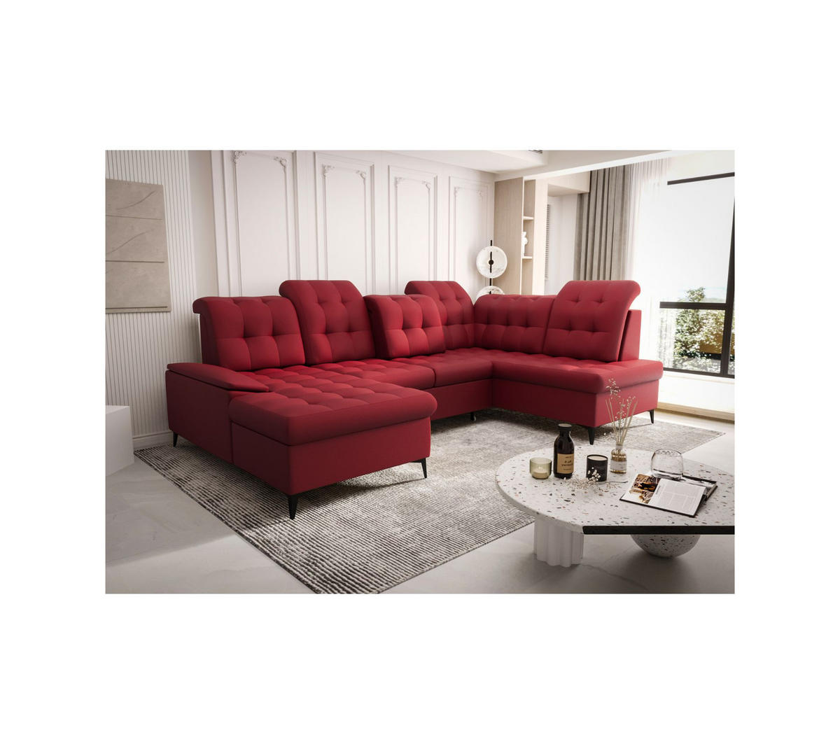 WOHNLANDSCHAFT KONGO RBN17, Eckcouch in U-Form mit Schlaffunktion, Farbe: Rot, Kunstleder, Ottomane Links - Rot, Textil (343/107/210cm) - O-Sofa