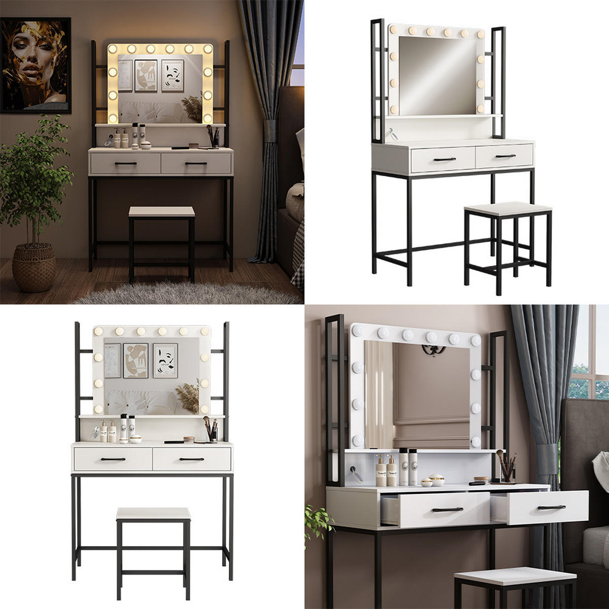 SCHMINKTISCH Luvia Weiß 90 cm mit LED-Beleuchtung und Hocker - Schwarz/Weiß, Holzwerkstoff (90/146/40cm) - Vicco