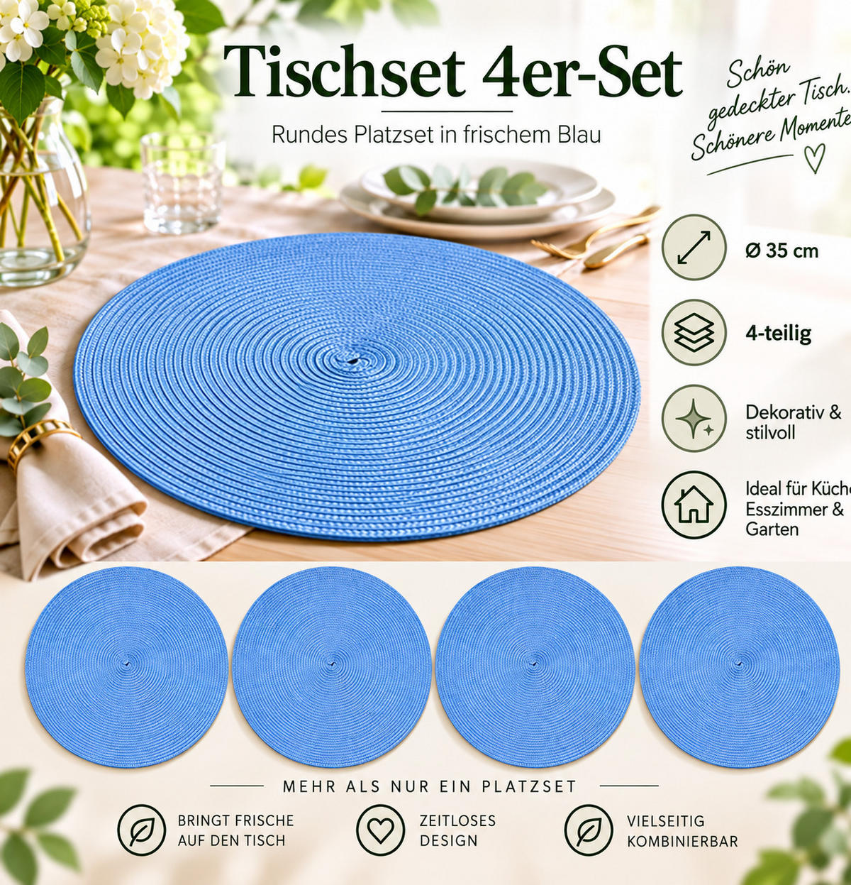 TISCHSET 4er Set Bleu rund 35 cm Ø Platzset abwaschbar Platzdeckchen geflochtene Optik - Blau, Kunststoff (35cm) - TiborTex