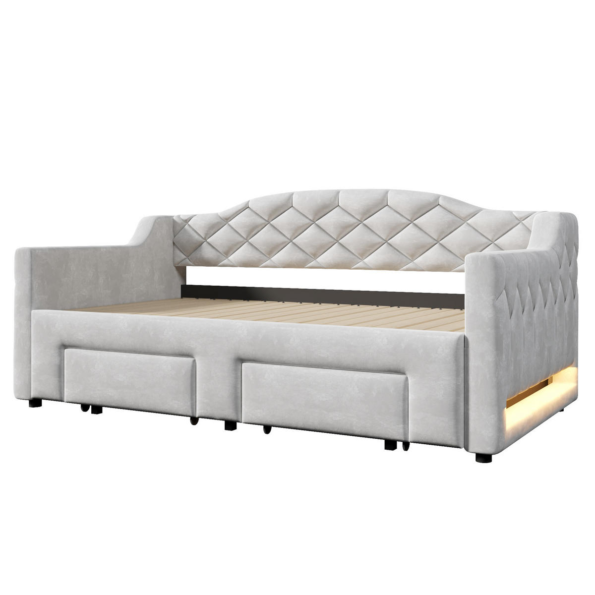 DNEVNA postelja 90/200 cm siva iz MDF in vezane plošče z raztegljivo površino, LED osvetlitvijo in predaloma - siva, tekstil (90/200cm) - OKWISH