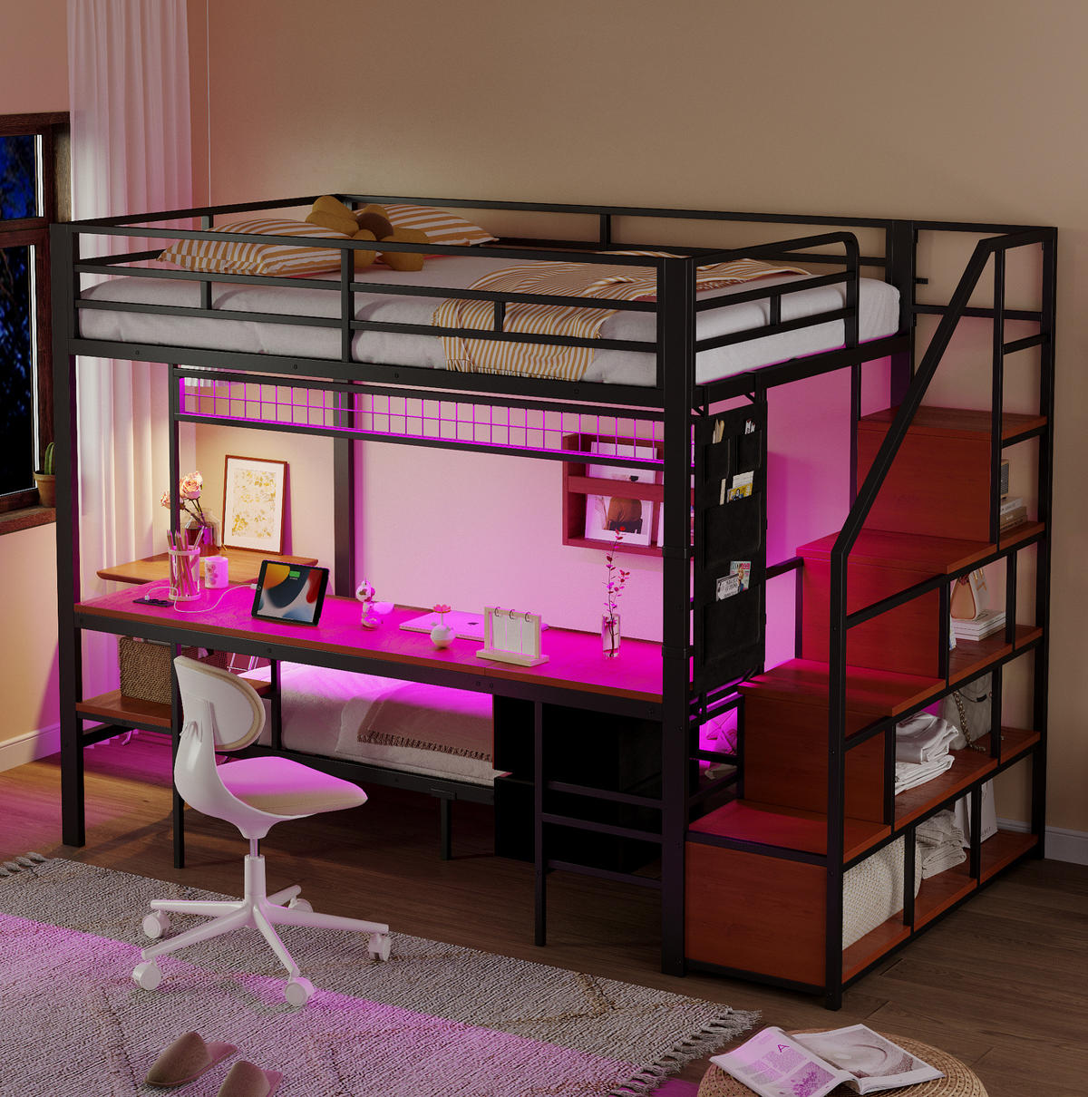 HOCHBETT 140/200 & 90/200 cm mit Schreibtisch, LED-Beleuchtung und Stauraum - Schwarz, Metall (140/200cm) - Flora Grace