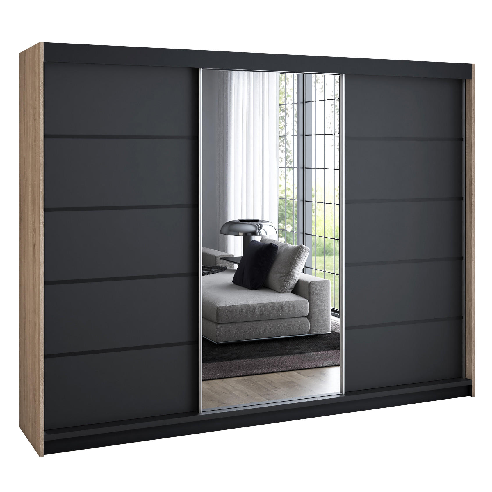 A&J MöbelLand Schwebetürenschrank Braun, Schwarz 200x215x59.5 cm