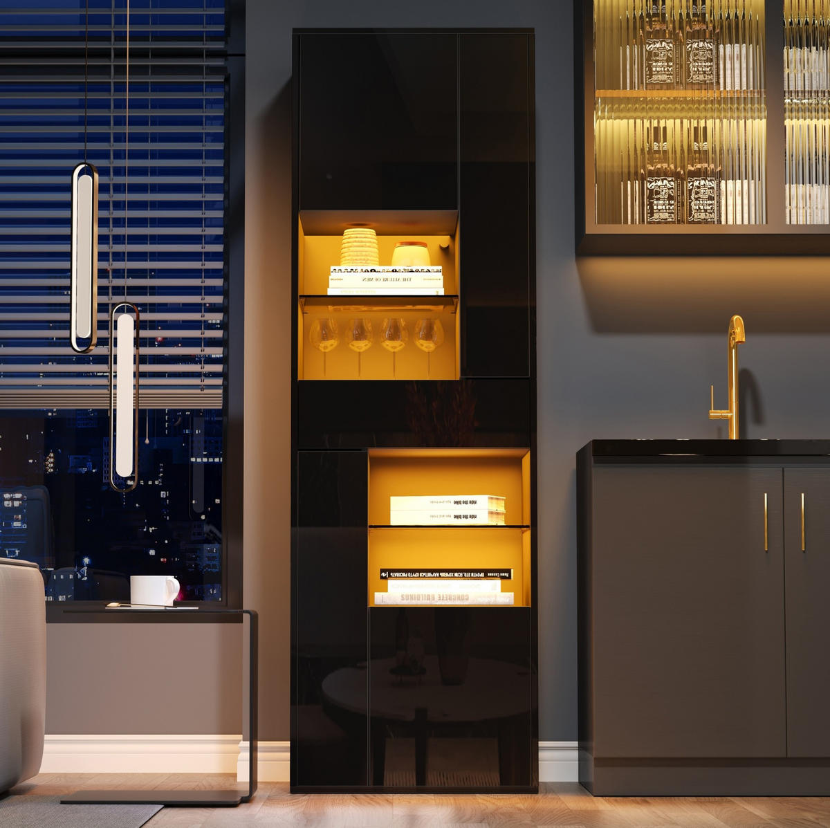 VITRINE 55/38/170 cm Schwarz aus Spanplatte mit LED-Beleuchtung - Schwarz, Holzwerkstoff (38/170/55cm) - OKMYHOME