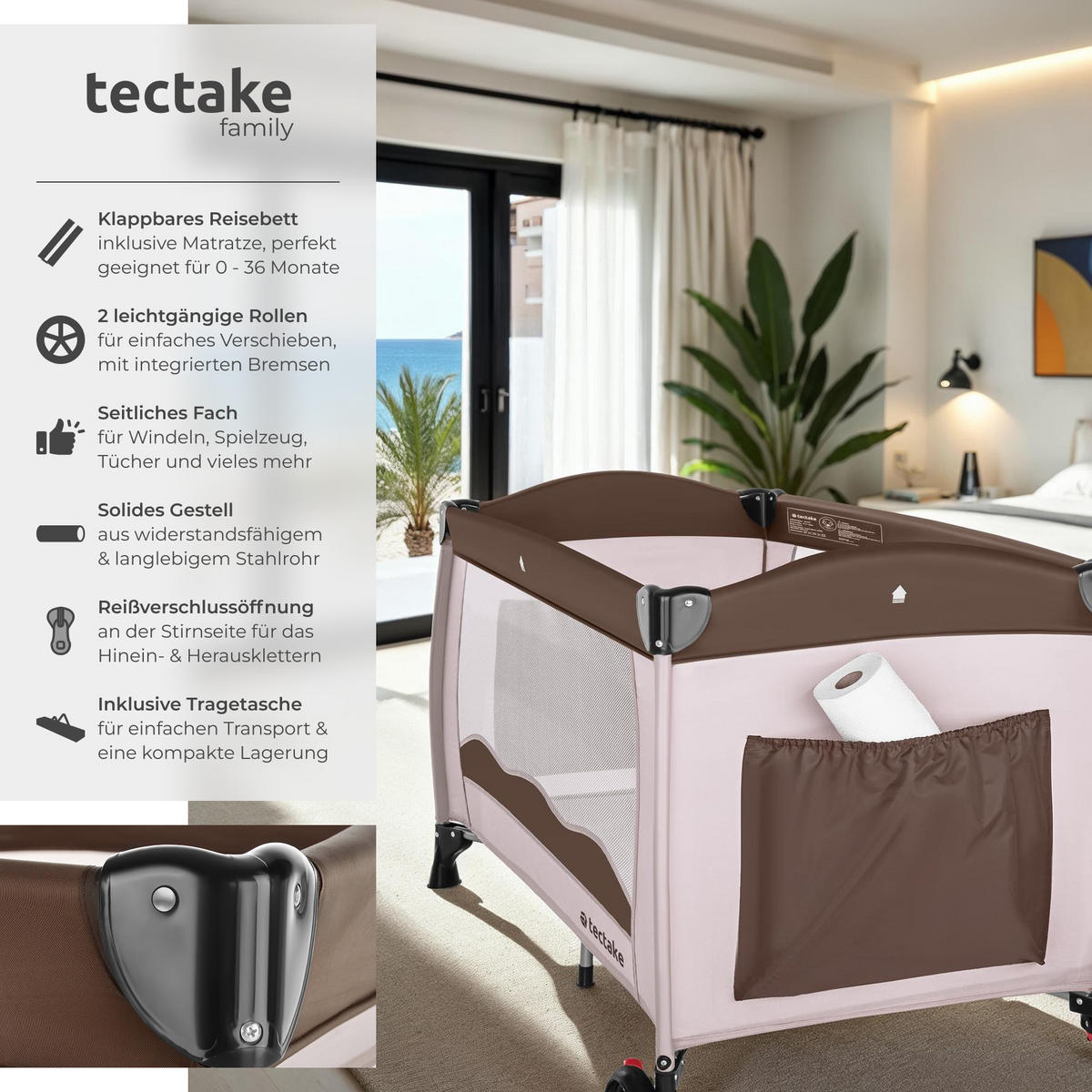 KINDER REISEBETT ,inklusive Tragetasche, 126 x 65 x 80 cm,coffee - Schwarz, Textil (65/80/126cm) - tectake