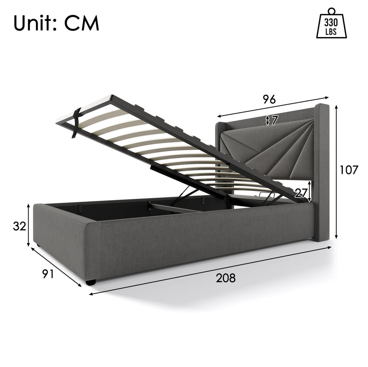 OBLAZINJENA postelja 90/200 cm z USB in Type-C priključkom, dvižnim predalom in vzglavjem, Siva - siva, tekstil (90/90cm) - Redom