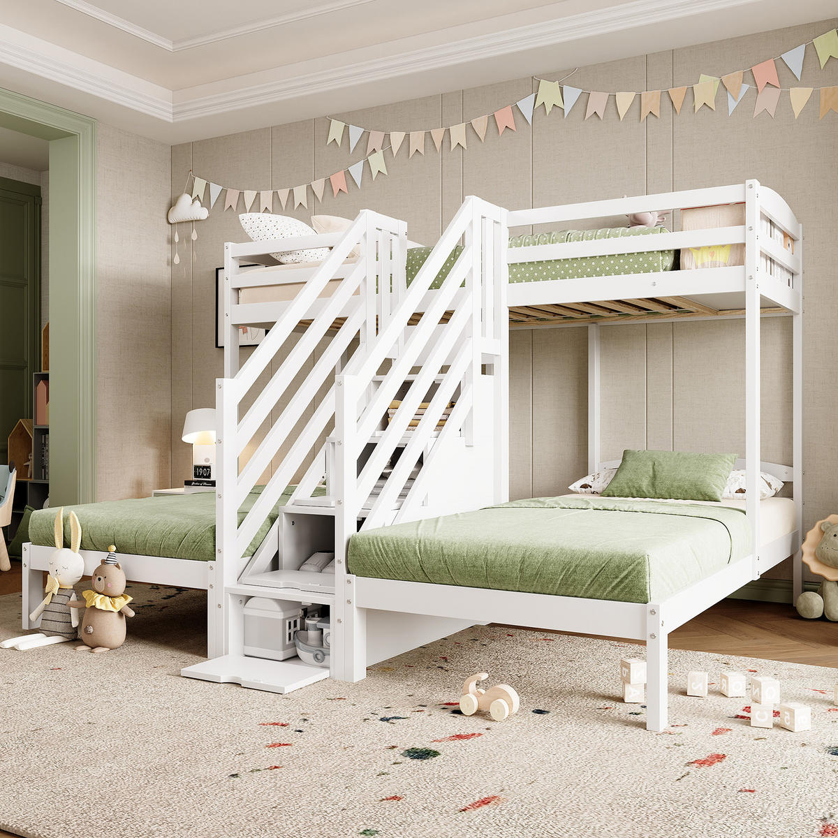 HOCHBETT 90x200cm Weiß Kiefernholz 3 Betten EN747 Leiter mit Schubladen - Weiß, Holz (90/200cm) - FLIEKS