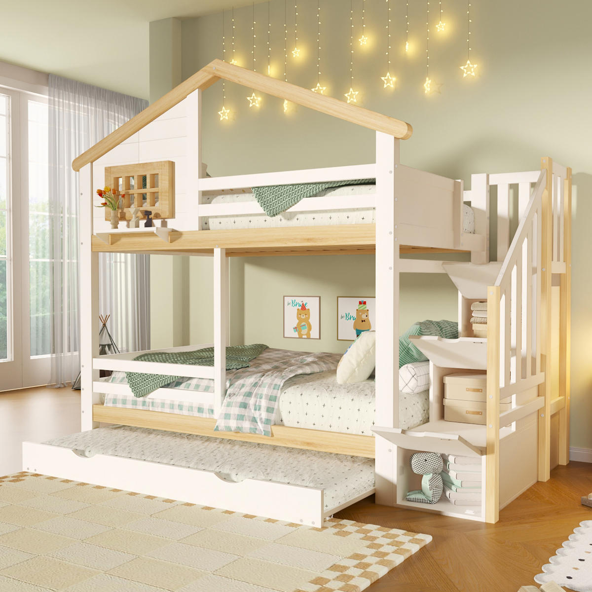 ETAGENBETT 90/200 mit Ausziehbett und Stauraumleiter in Weiß und Natur - Weiß/Naturfarben, Holz/Holzwerkstoff (90/200cm) - EVRYAE
