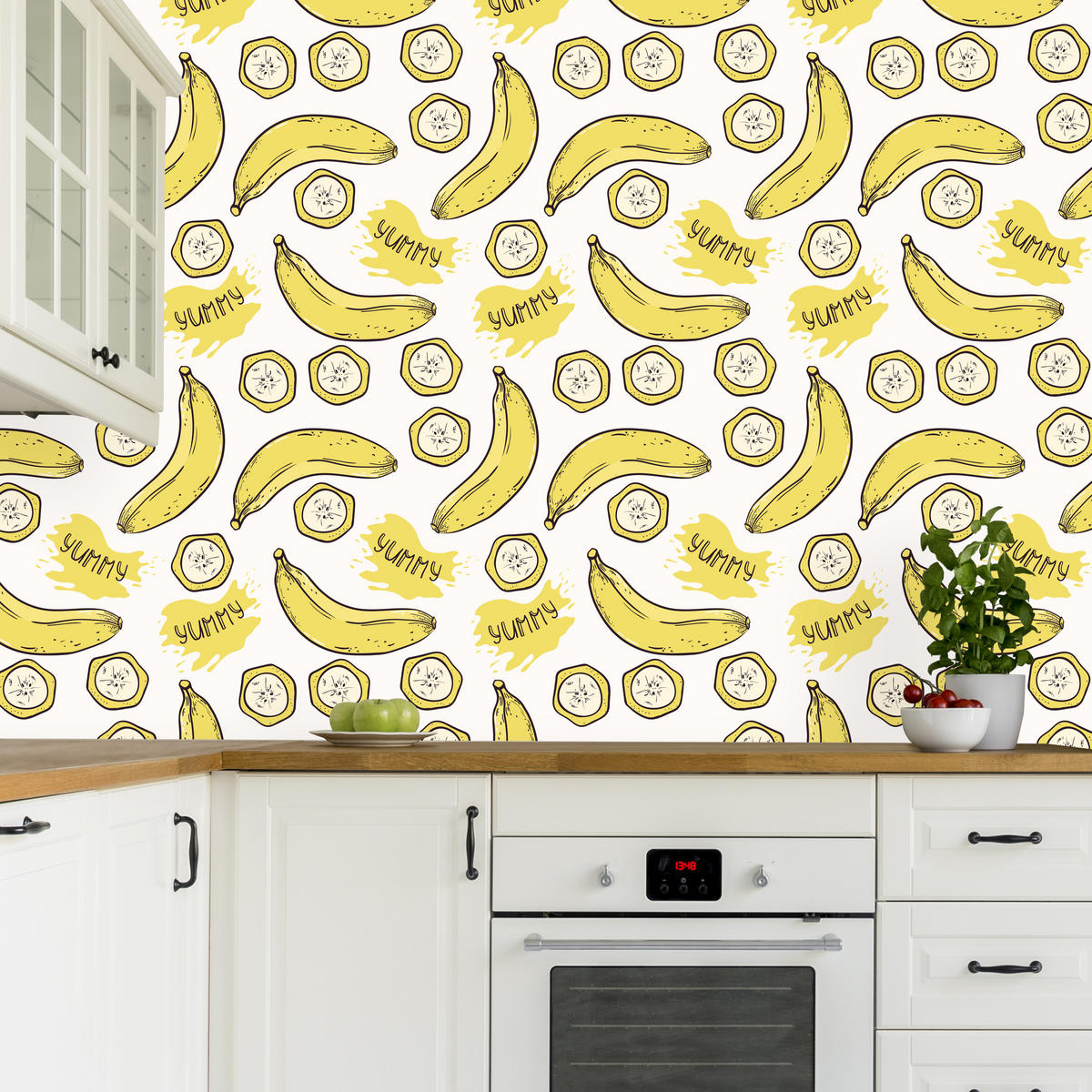VLIESTAPETE Bananen und Schriftzüge – Gelb, Weiß – 50x1000 cm - Gelb/Weiß, Papier (50/1000cm) - Muralo