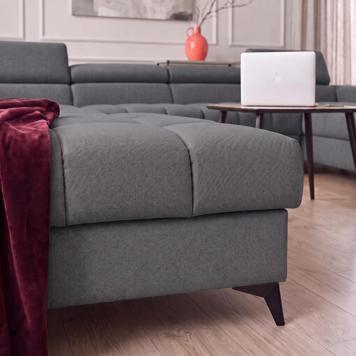 ECKSOFA PUDDING U Rechts mit Schlaffunktion 125x260 Velours Dunkelgrau - Dunkelgrau/Schwarz, Holz/Textil (350/203cm) - Muffo