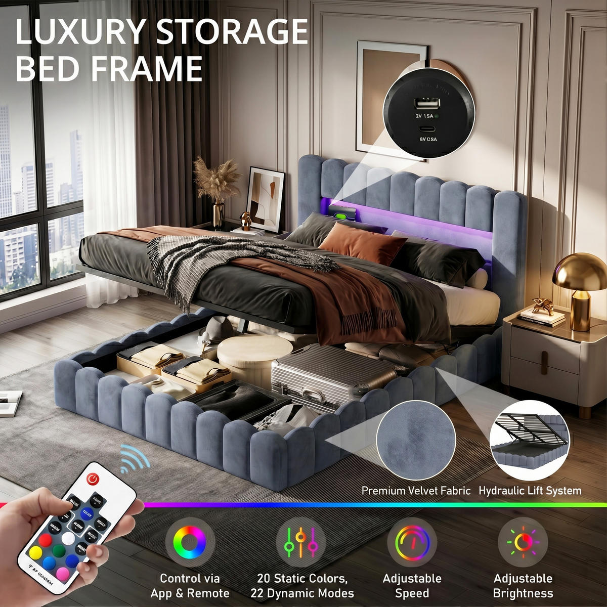 POLSTERBETT Bogen-Design 180/200 cm mit Gaslift-Bettkasten & USB Samtoptik Grau - Grau, Textil (180/200cm) - Creahappy