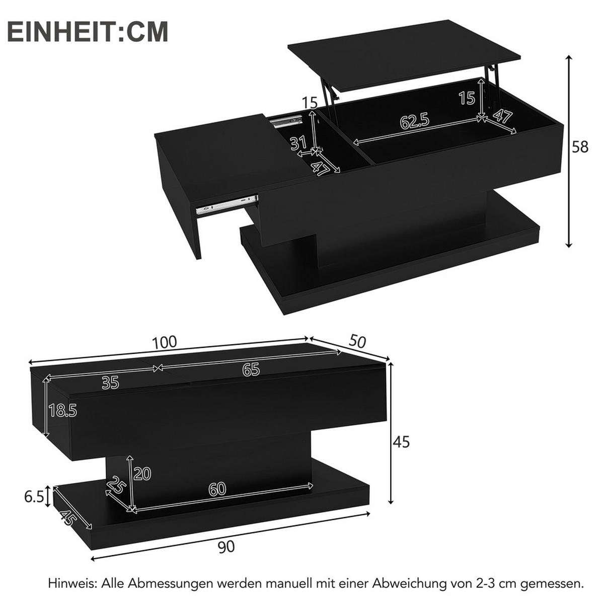 COUCHTISCH 100x50cm Schwarz Hochglanz LED Hydraulik Lift Verschiebbar - Schwarz, Holz (109.75/59.66/14.5cm) - FLIEKS