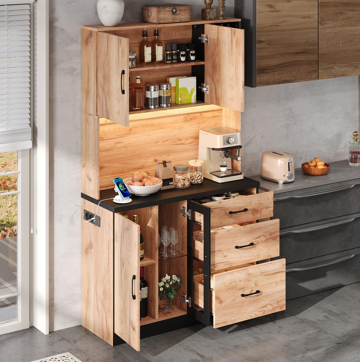 BUFFET 105/40/180 cm neutral aus MDF mit LED und Steckdose - Naturfarben, Holzwerkstoff (105/180/40cm) - OKWISH