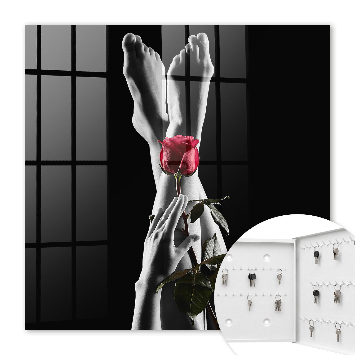 SCHLÜSSELBOX Weiß 30x30 cm – Türöffnung nach rechts - Die Eleganz einer Rose - Schwarz, Metall (30/30/5cm) - TULUP