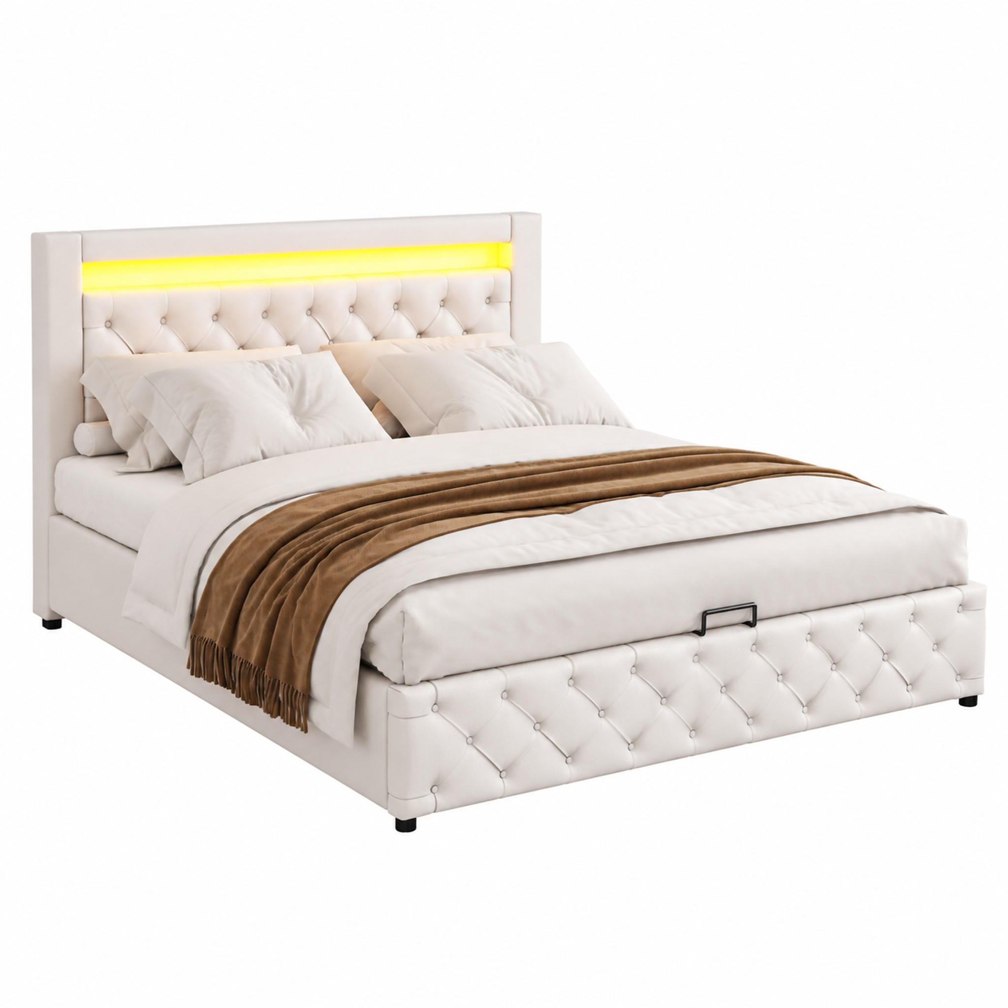 POLSTERBETT mit Bettkasten und LED 140x200 cm PU Weiß - Weiß, Metall (140/200cm) - Meubliv