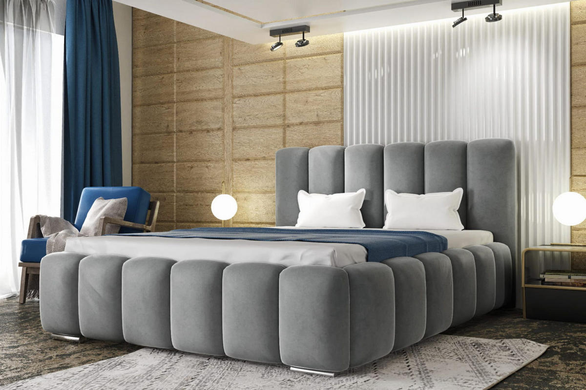 POLSTERBETT BARON mit Kopfteil, 140 x 200 cm, Doppelbett mit Bettkasten und Lattenrost aus Metall, Velourstoff, Frabe: Grau - Grau, Holz/Kunststoff (140/200cm) - Agmat-Furniture