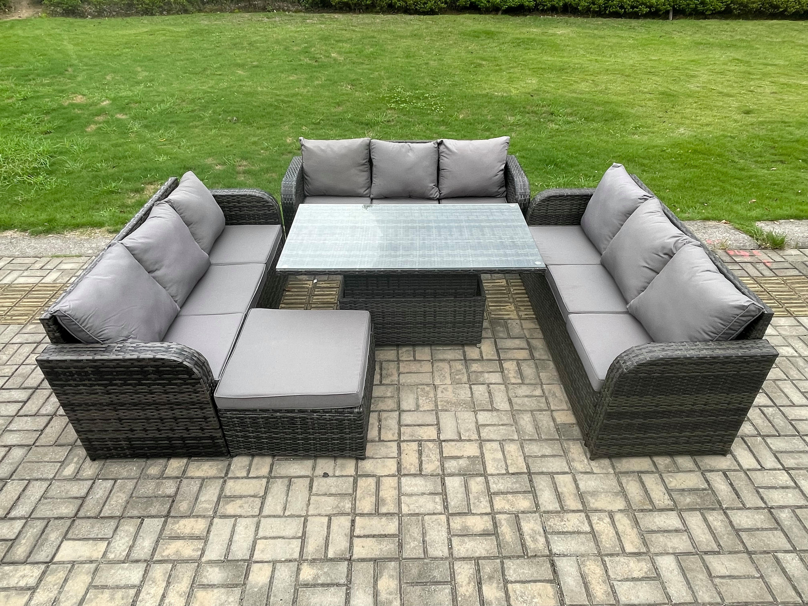 GARTENSOFA-SET HÖHENVERSTELLBARER ESSTISCH Polyrattan Outdoor 10-Sitzer - Dunkelgrau/Grau, Glas/Kunststoff - Fimous