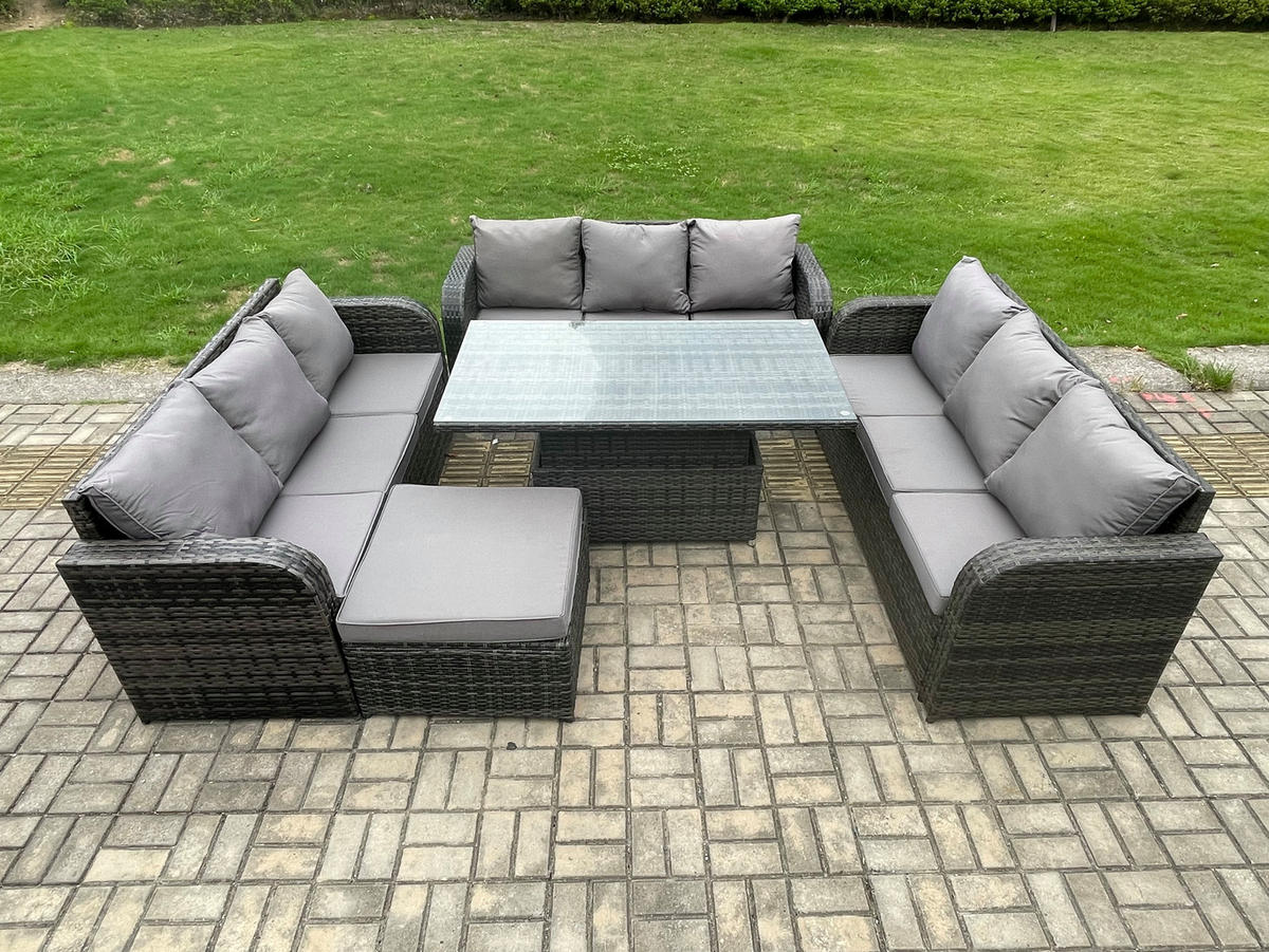 GARTENSOFA-SET HÖHENVERSTELLBARER ESSTISCH Polyrattan Outdoor 10-Sitzer - Dunkelgrau/Grau, Glas/Kunststoff - Fimous