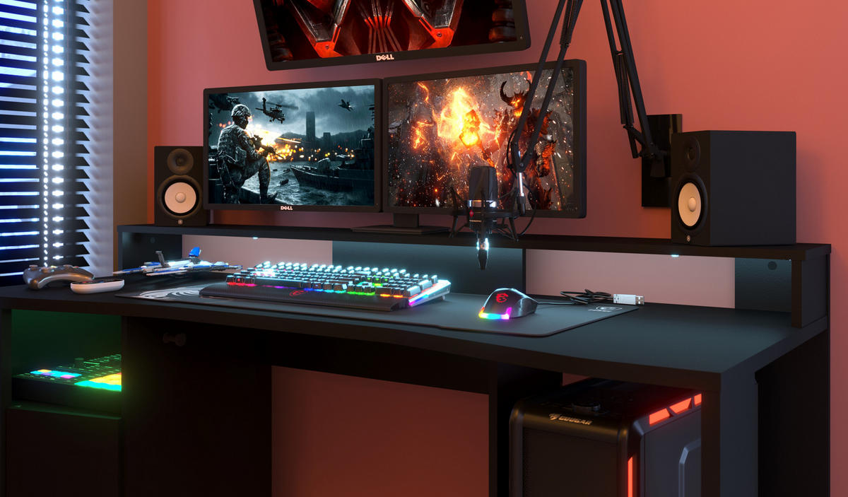 GAMING MÖBEL 1 in Schwarz 2 teilig Gamingzimmer mit Beleuchtung - Schwarz, Holzwerkstoff (120/200/80cm)