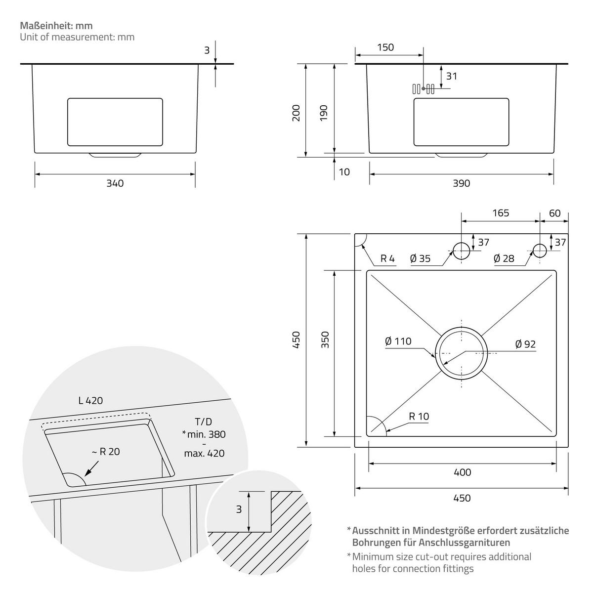 SPÜLBECKEN Edelstahl 45/45cm Anthrazit - Anthrazit, Metall (45/20/45cm) - ML-DESIGN