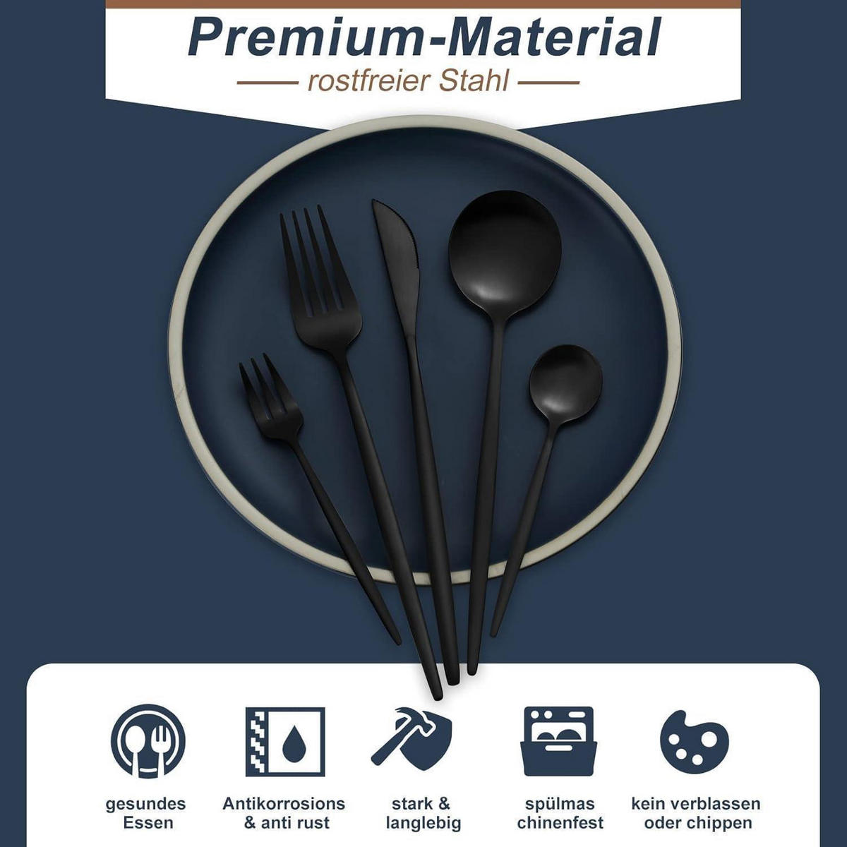 BESTECKSET 30-teilig Schwarz Matt für 6 Personen - Schwarz, Metall