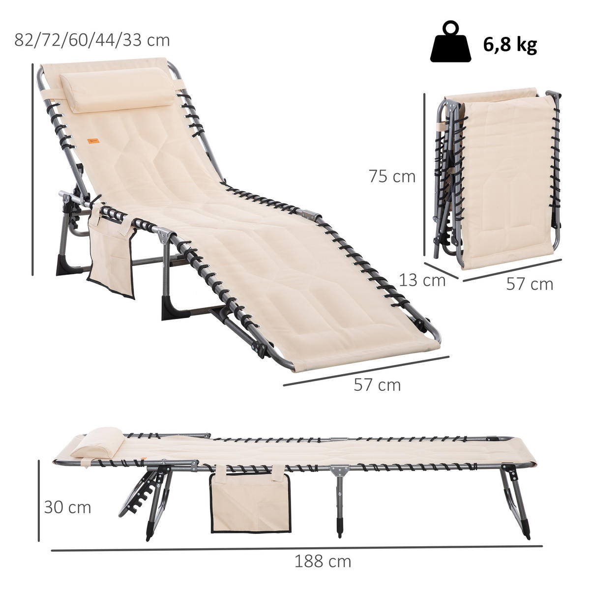 SONNENLIEGE, Faltbare Gartenliege, Klappliege mit Kissen, 5-stufige Rückenlehne, Oxfordstoff, 188 x 57 x 30 cm, Beige - Beige, Metall (188/30/57cm)