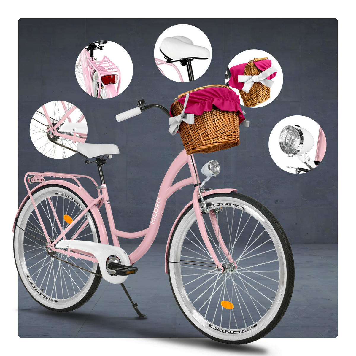 CITY-FAHRRAD Milord mit Weidenkorb, 26 Zoll, Rosa, 1-Gang - Pink, Metall (46cm) - Milordbikes