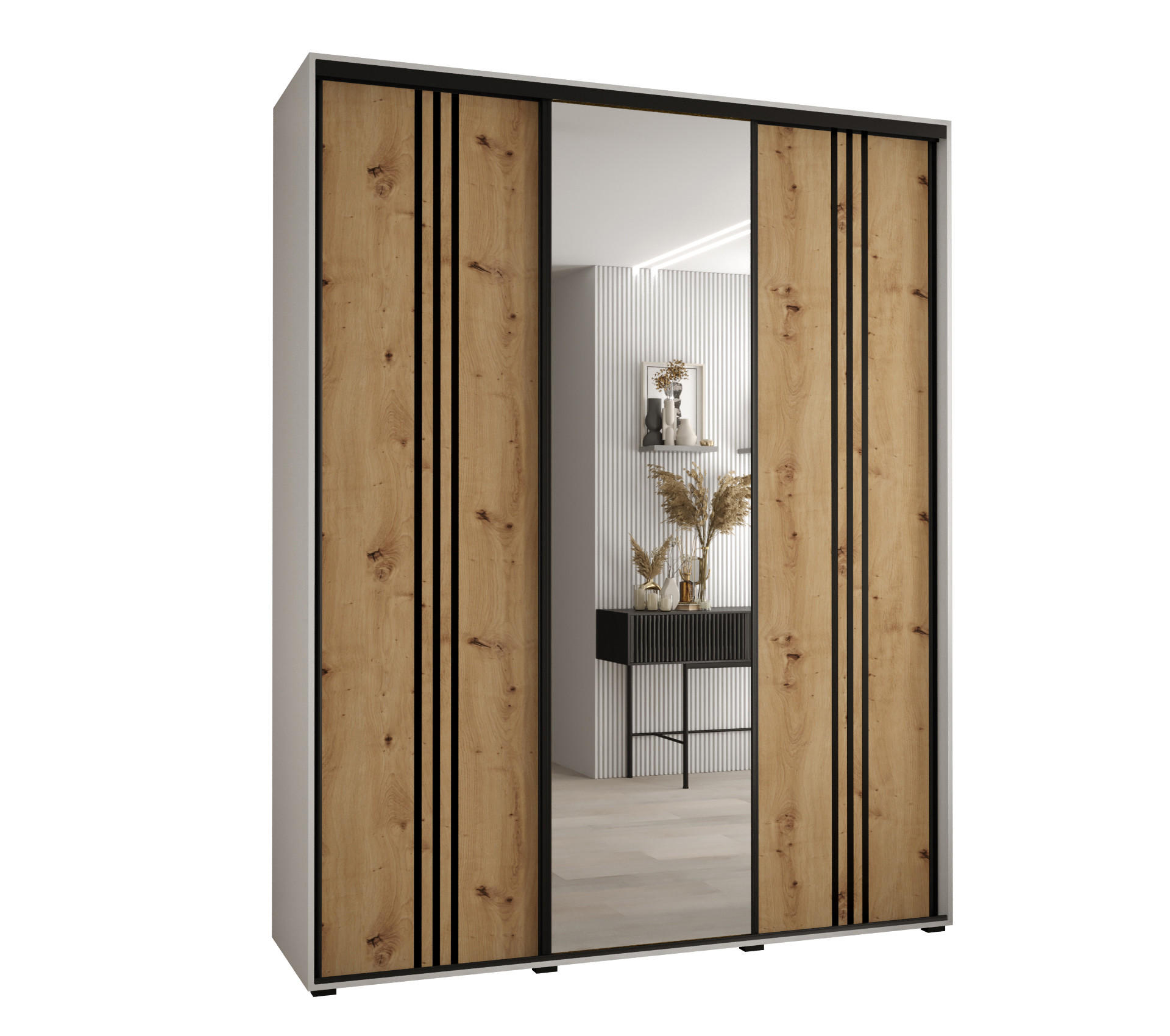 Abiks Möbel Schwebetürenschrank Weiß, Eiche Artisan, Schwarz 200x235x45 cm