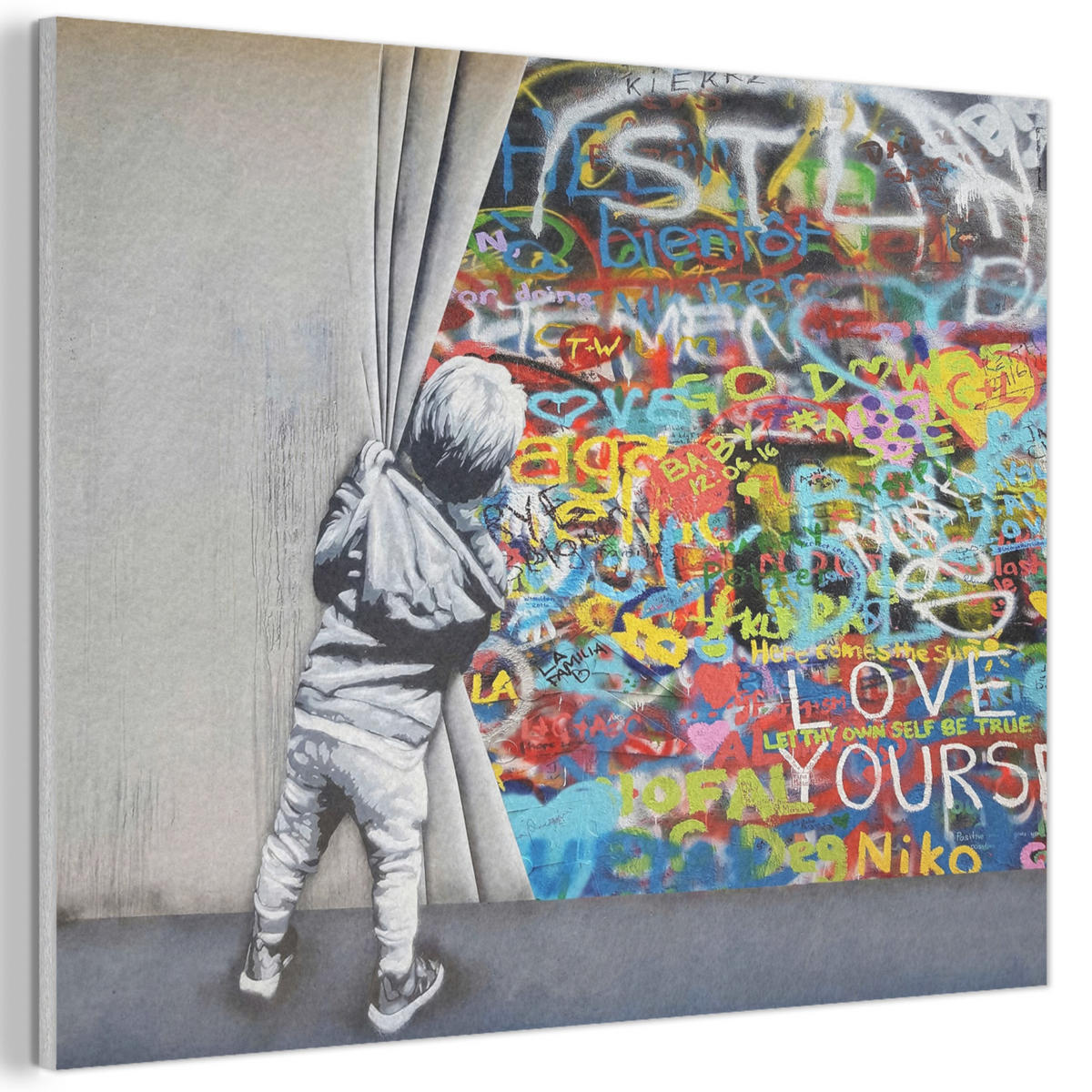 AKUSTIKBILD Graffiti - Junge - Ilussie - Straßenkunst Gemälde 80x60 cm - Hellgrau, Textil (80/60/0.9cm) - MuchoWow