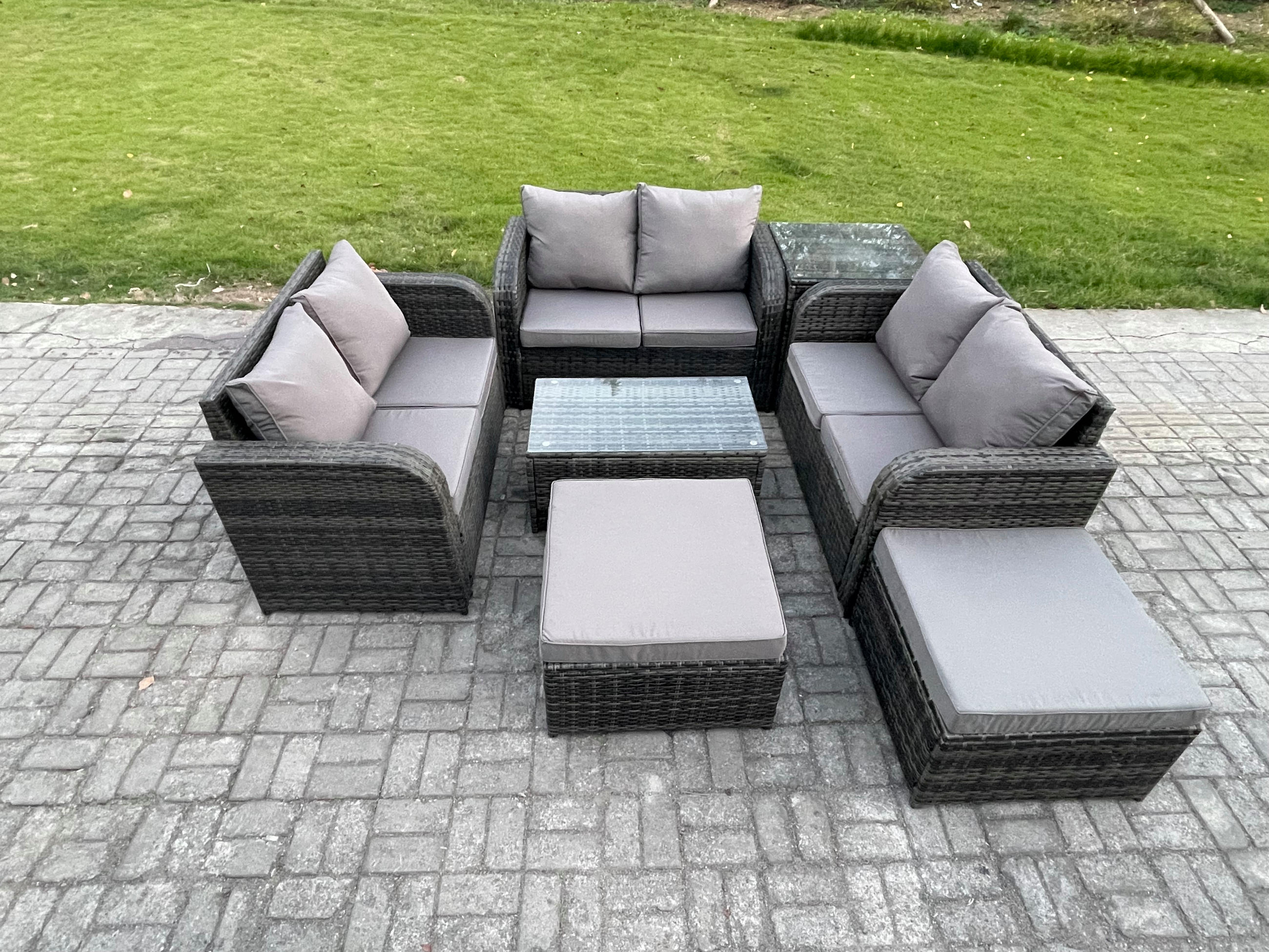 GARTENMÖBELGARNITUR mit KISSEN Polyrattan Dunkelgrau 8-Sitzer - Dunkelgrau/Grau, Glas/Kunststoff - Fimous