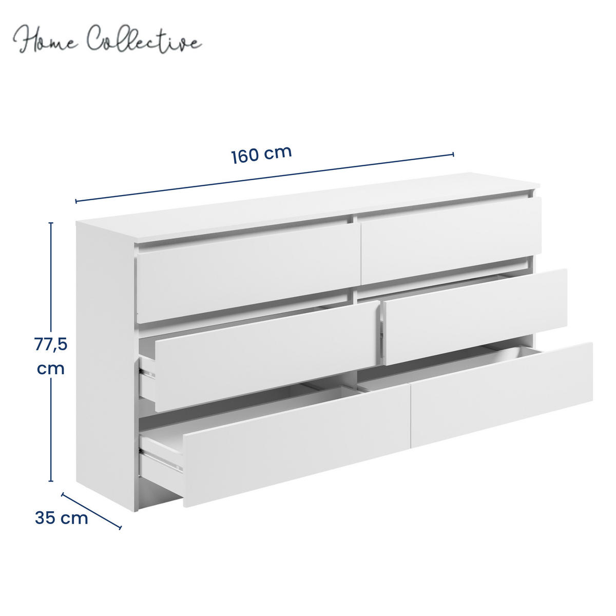 KOMMODE 160 cm Breite 6 Schubladen in Weiß - Weiß, Holzwerkstoff (160/78/35cm) - Home Collective